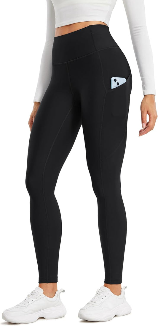 Womens Fleece Lined Leggings with Pockets 28'' - Thermal Winter Warm Full Length Pants Casual Lounge Yoga Workout